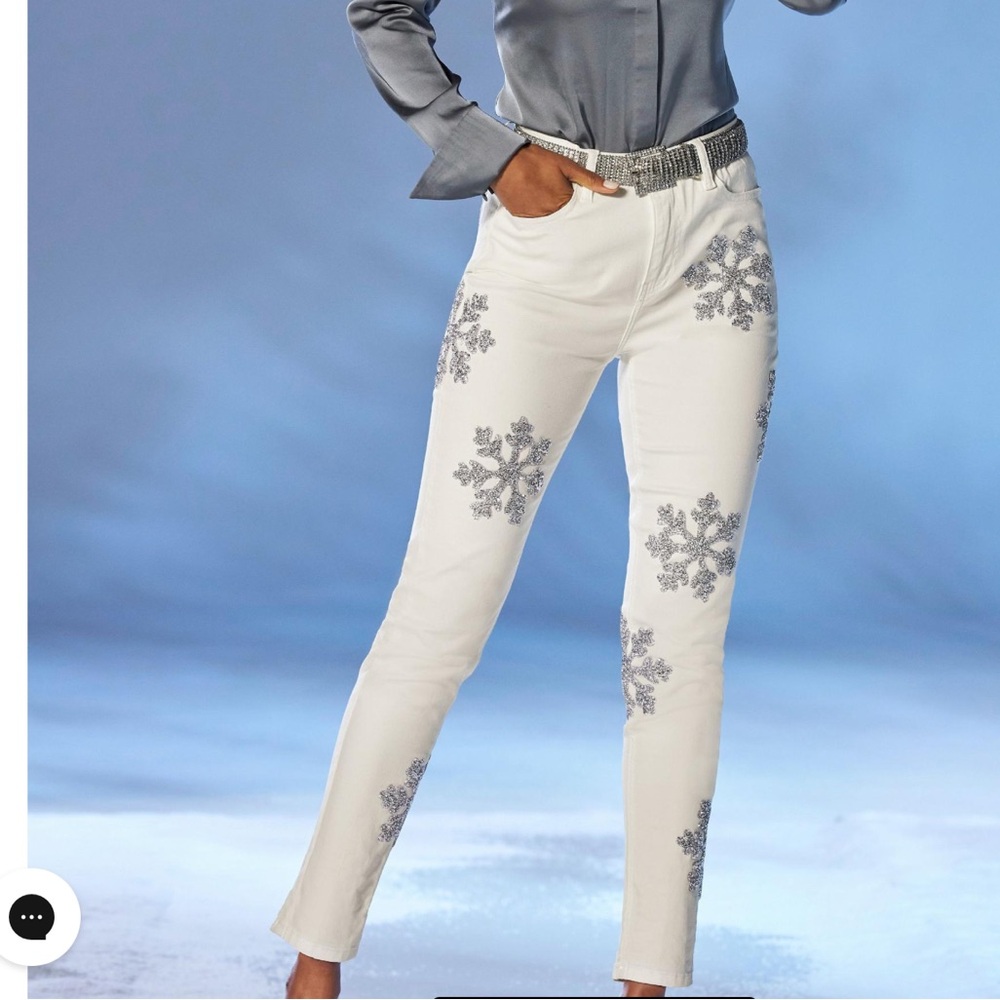 Boston Proper Silver Crystal Snowflake Skinny Ankle Cream White Jean sz 8